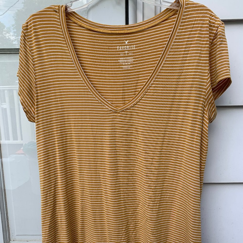 Soft & Sexy Striped Basic V Neck Mustard/White